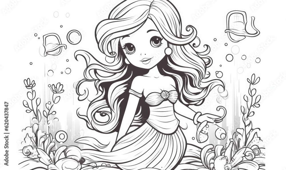 Bring the cartoon mermaid to life by coloring her intricate line art.