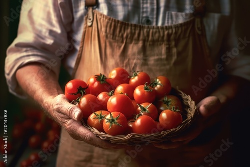 Farmer holding fresh tomatoes in the morning. Food. Vegetables. Agriculture.