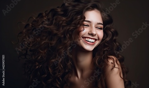 Beautiful brunette girl with cascading locks laughing heartily. Creating using generative AI tools