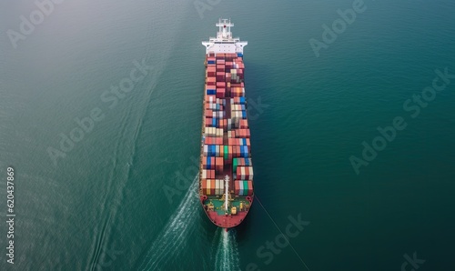Aerial shot of a huge container ship moving through the waves. Creating using generative AI tools