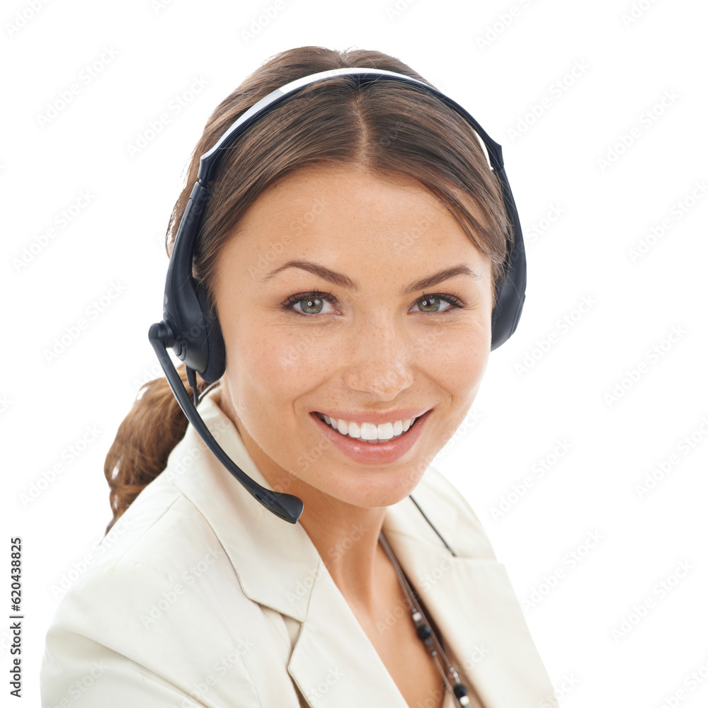 Call center, woman and portrait of consultant of customer service, contact us or isolated on transparent png background. Face of happy female telemarketing agent consulting in sales, CRM or questions Call center, woman and portrait of consultant of customer service, contact us or isolated on transparent png background. Face of happy female telemarketing agent consulting in sales, CRM or questions