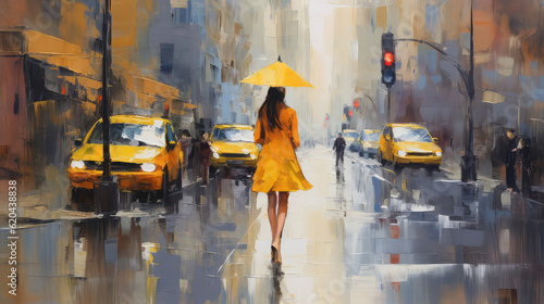 oil painting on canvas, street view of New York, woman under an yellow umbrella, yellow taxi, modern Artwork, American city, illustration New York (ai generated) photo