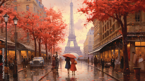 Fototapeta Naklejka Na Ścianę i Meble -  oil painting on canvas, street view of Paris. Artwork. eiffel tower . people under a red umbrella. Tree. France (ai generated)