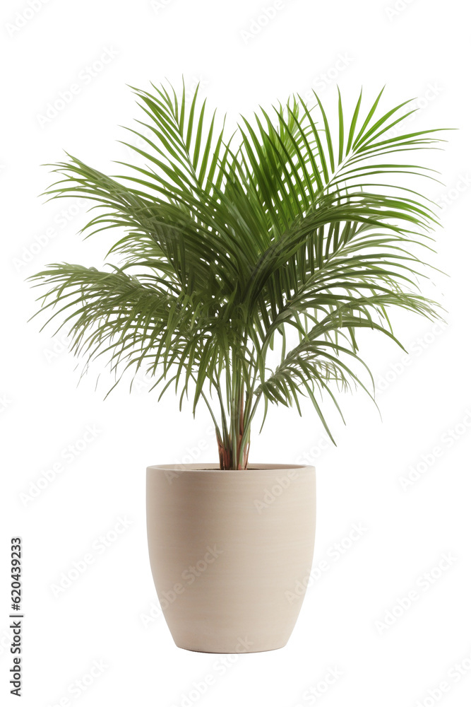 Kentia Palm Tree in pot. Houseplant isolated on white background with clipping path. PNG. Generative AI