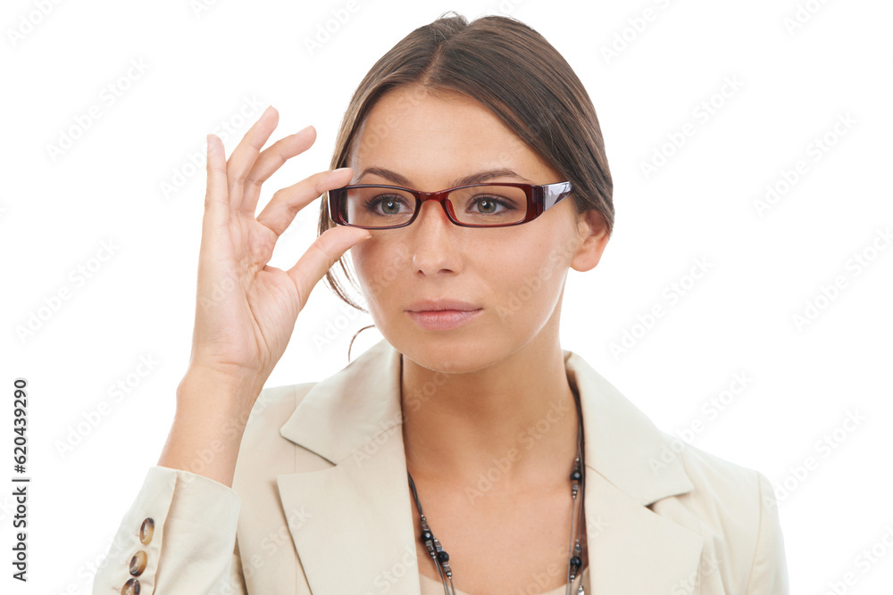 Vision, glasses and business woman with eyesight, optometry and isolated in a transparent or png background. Smart, intelligent and female person or employee thinking with spectacles or eyewear