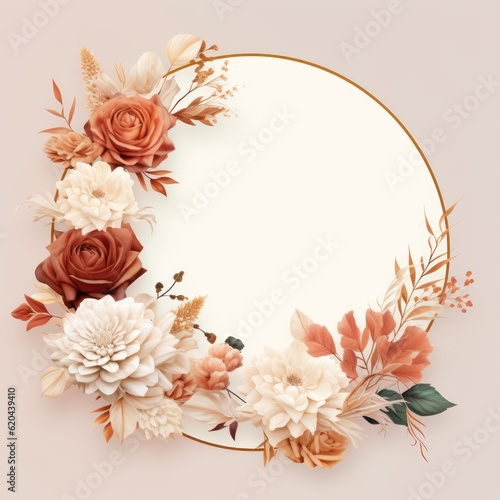3D flower wedding invitation circle card - Realistic floral frame on white background. Perfect for weddings. Elegant and beautiful concept.