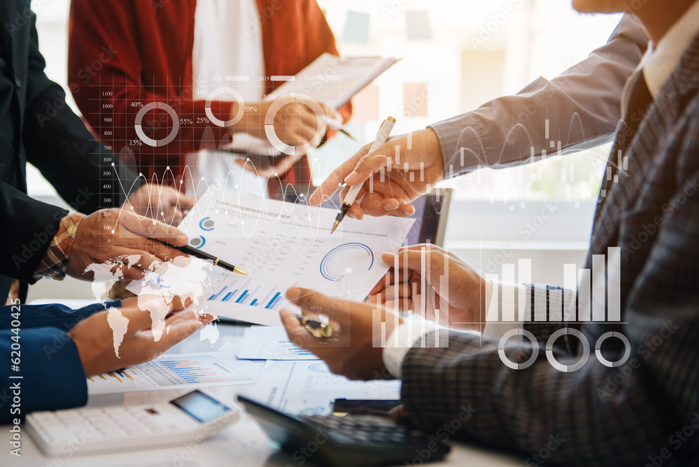 Fototapeta premium Financial report data of business operations balance sheet and income statement and diagram as Fintech concept.Business team meeting. digital tablet and computer laptop...