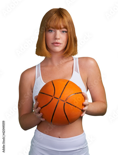 Basketball, serious portrait and woman in sports, exercise and performance isolated on transparent png background. Fitness athlete, young female person and player focus on training with orange ball