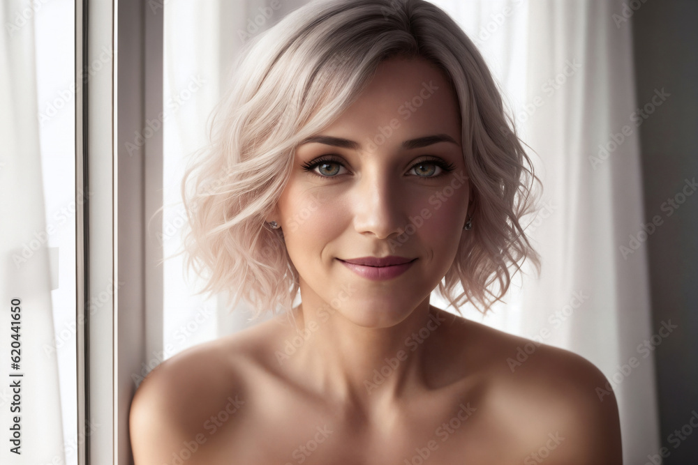 Portrait of a beautiful woman near window in a bedroom. Generative AI. Portrait of a beautiful woman near window in a bedroom. Generative AI.