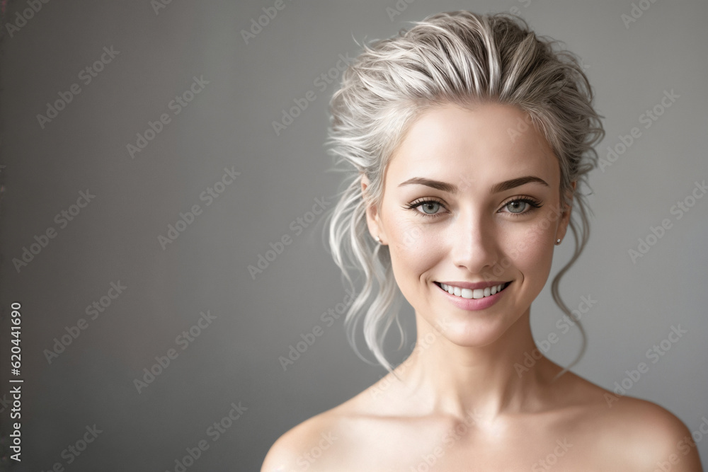 Portrait of a beautiful woman on a gray background, face close-up. Generative AI. Portrait of a beautiful woman on a gray background, face close-up. Generative AI.