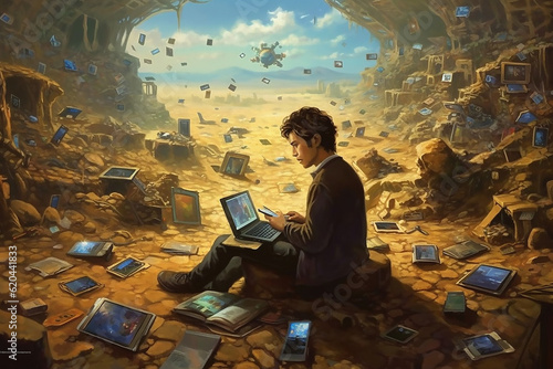 Illustration of a person addicted to his phone and surrounded by other gadget