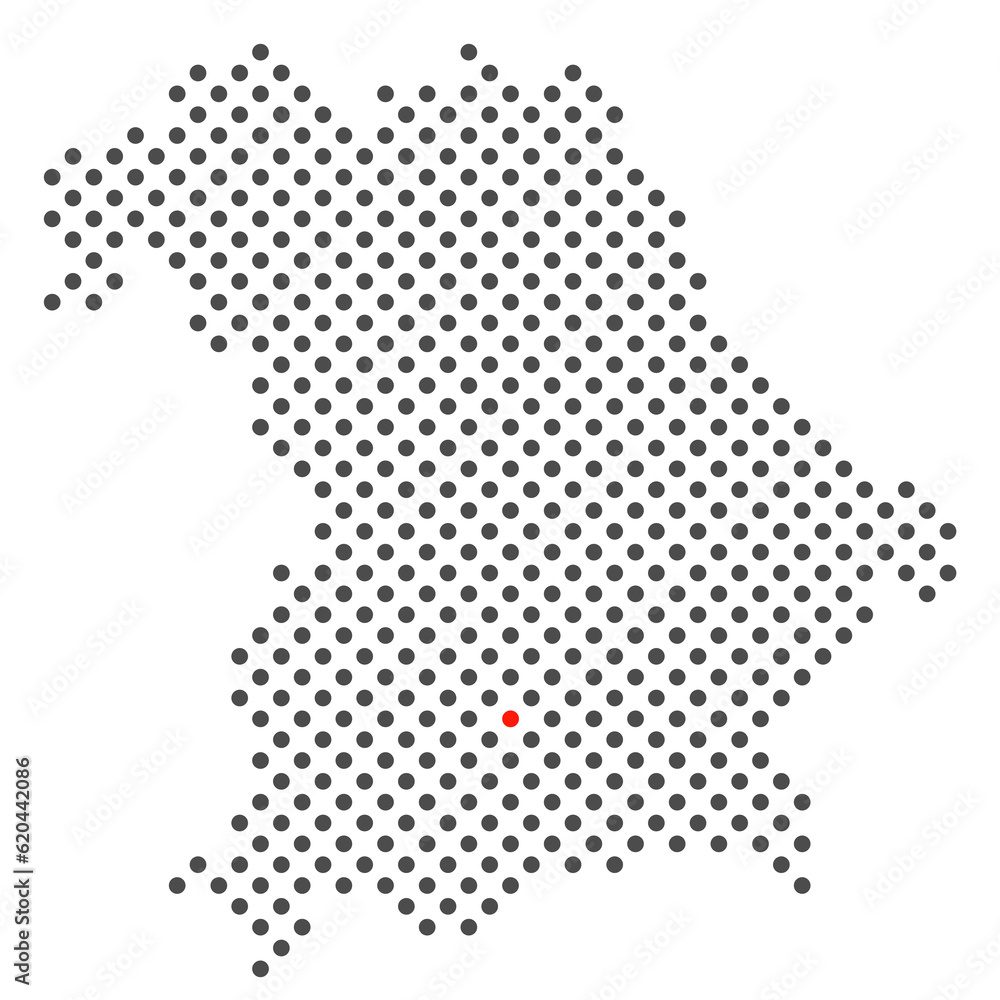 München im Bundesland Bayern: Karte aus dunklen Punkten mit roter Markierung