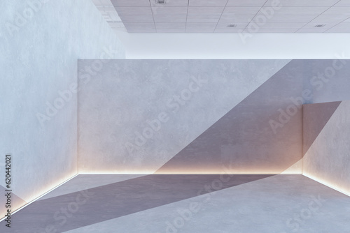 Modern bright concrete exhibition hall interior with sunlight and shadows. Museum and art concept. 3D Rendering.