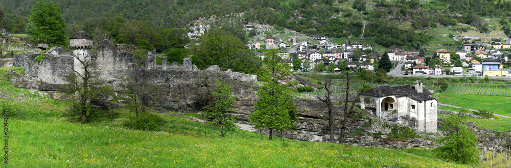 View at the ruins of the Serravalle castle on Blenio valley in Switzerland