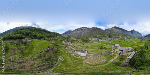 Drone view at the ruins of the Serravalle castle on Blenio valley in Switzerland