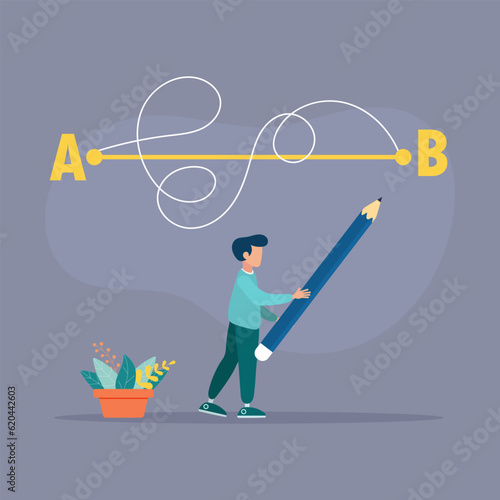 Man with a pencil in his hand leads a drawing line from point A to point B, a straight and difficult path, the shortest distance to the goal, an easy or short path to business success.