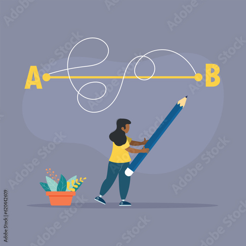 Woman with a pencil in his hand leads a drawing line from point A to point B, a straight and difficult path, the shortest distance to the goal, an easy or short path to business success.
