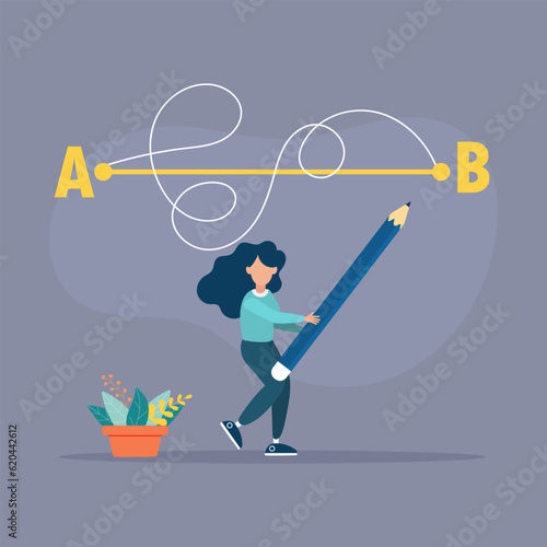 Woman with a pencil in his hand leads a drawing line from point A to point B, a straight and difficult path, the shortest distance to the goal, an easy or short path to business success.