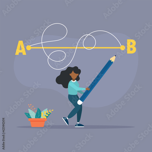 Woman with a pencil in his hand leads a drawing line from point A to point B, a straight and difficult path, the shortest distance to the goal, an easy or short path to business success.