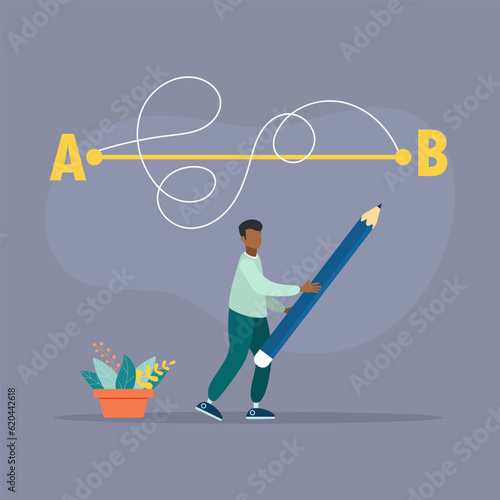 Man with a pencil in his hand leads a drawing line from point A to point B, a straight and difficult path, the shortest distance to the goal, an easy or short path to business success.