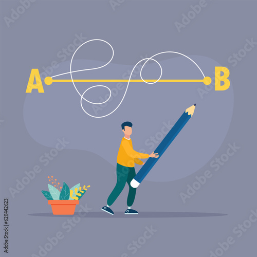Man with a pencil in his hand leads a drawing line from point A to point B, a straight and difficult path, the shortest distance to the goal, an easy or short path to business success.