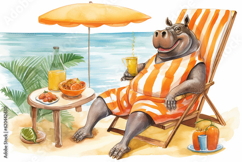 Cartoon illustration of a funny, cute hippopotamus sitting on a sun lounger with orange juice and fruits.    © Maria