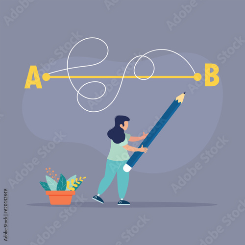 Woman with a pencil in his hand leads a drawing line from point A to point B, a straight and difficult path, the shortest distance to the goal, an easy or short path to business success.