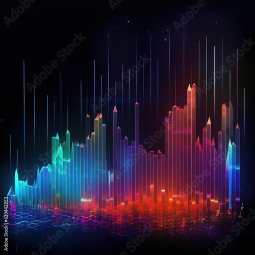 Visualization of sound waves. Abstract futuristic background with colorful glowing neon moving high speed wave lines and bokeh lights. Data transfer concept. Fantastic wallpaper. Generative AI