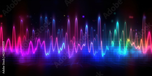 Wallpaper Mural Visualization of sound waves. Abstract futuristic background with colorful glowing neon moving high speed wave lines and bokeh lights. Data transfer concept. Fantastic wallpaper. Generative AI Torontodigital.ca