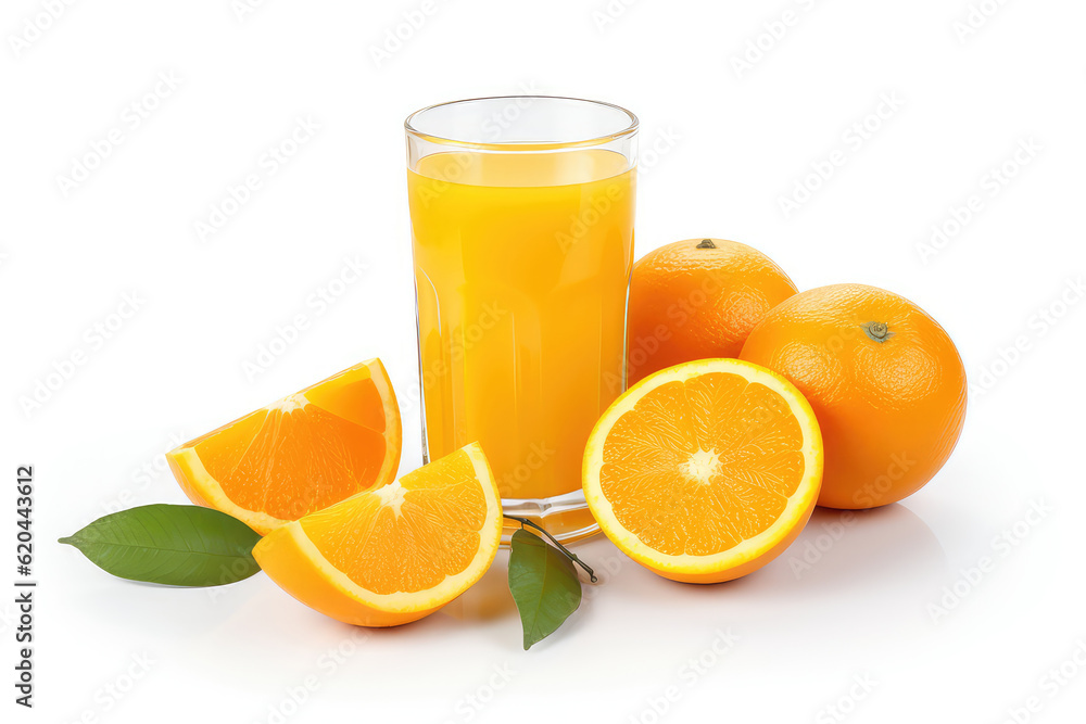 Glass of Orange juice with orange sacs and slices fruits isolate on white background. (ai generated) Glass of Orange juice with orange sacs and slices fruits isolate on white background. (ai generated)