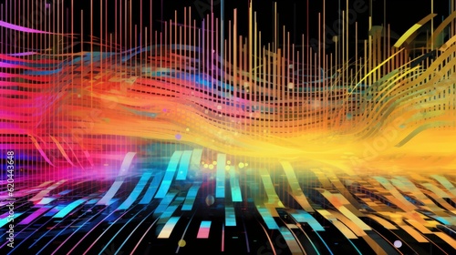 Visualization of sound waves. Abstract futuristic background with colorful glowing neon moving high speed wave lines and bokeh lights. Data transfer concept. Fantastic wallpaper. Generative AI