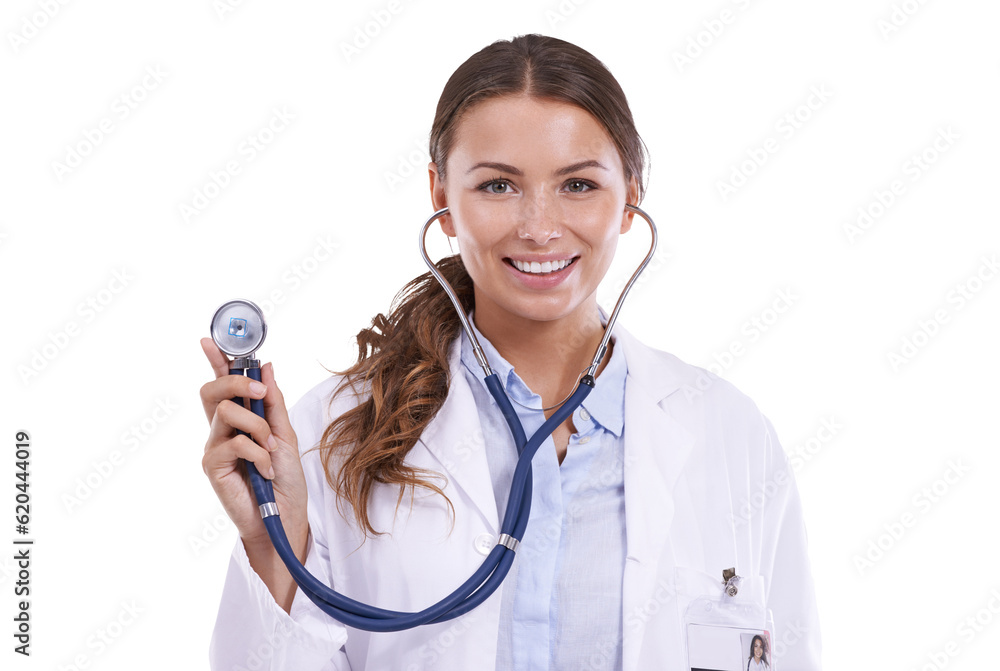 Happy woman, portrait and doctor with stethoscope for heart beat isolated on a transparent PNG background. Female person, medical or healthcare professional smile in cardiology, BPM or clinic checkup Happy woman, portrait and doctor with stethoscope for heart beat isolated on a transparent PNG background. Female person, medical or healthcare professional smile in cardiology, BPM or clinic checkup