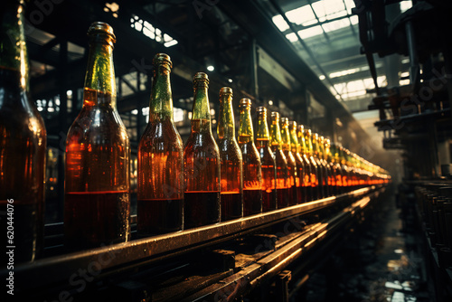 Glass brown bottles of beer on conveyor belt with light  concept brewery plant production line  beer bottling factory. AI generative.