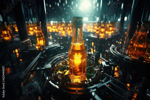 Glass brown bottles of beer on conveyor belt with light, concept brewery plant production line, beer bottling factory. AI generative.