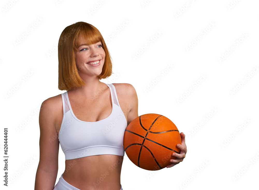 Basketball, happy woman and thinking of sports, exercise and performance isolated on transparent png background. Confident athlete, young female person and player smile for training ideas with ball Basketball, happy woman and thinking of sports, exercise and performance isolated on transparent png background. Confident athlete, young female person and player smile for training ideas with ball