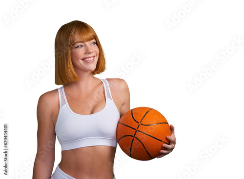 Basketball, happy woman and thinking of sports, exercise and performance isolated on transparent png background. Confident athlete, young female person and player smile for training ideas with ball