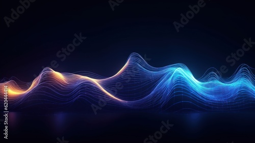 Visualization of sound waves. Abstract futuristic background with colorful glowing neon moving high speed wave lines and bokeh lights. Data transfer concept. Fantastic wallpaper. Generative AI