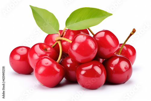 Cherry isolated. Sour cherry. Cherries with leaves on white background. Sour cherries on white. Cherry set. (ai generated)