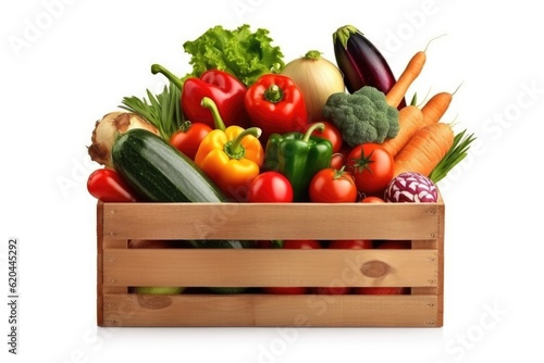 Wooden box full of fresh vegetables isolated on a white background