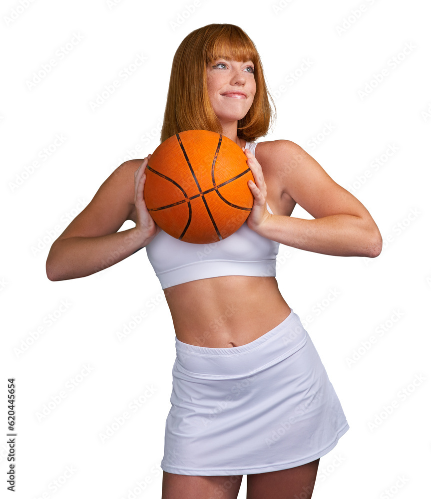 Basketball, woman and thinking of fitness, exercise and performance isolated on transparent png background. Sports athlete, young female person and player smile for training, ideas and orange ball