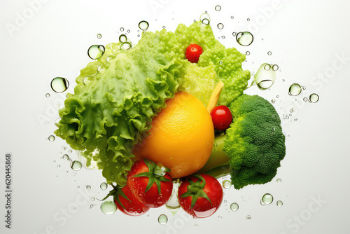 Flying organic food with water splash. Food illustration different vegetables and water splash on isolated white background. 3d illustration (ai generated)