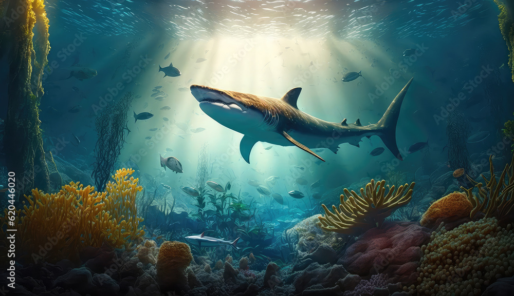 Fototapeta premium Animals of the underwater sea world. Ecosystem. Colorful tropical shark. Life in the coral reef. (ai generated)