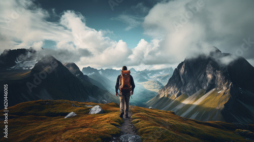 Freedom and Adventure: Landscape shot of someone hiking up a mountain. Adventure up the hills in a overwhelming surrounding. Generative AI © Nico Vincentini