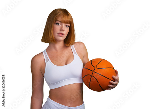 Portrait, woman and basketball for sports, exercise and competition isolated on transparent png background. Confident athlete, female person and player ready for fitness, games or training with ball © Suresh Heyt/peopleimages.com