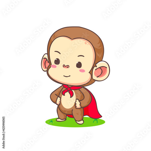 Cute monkey hero cartoon character. Adorable animal mascot concept design. Isolated white background. Flat Vector illustration