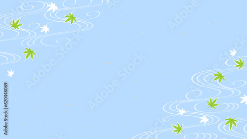 水の流れに舞う青もみじ、和風背景