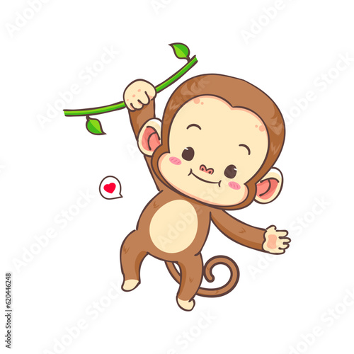 Cute monkey hanging cartoon character. Adorable animal mascot concept design. Isolated white background. Flat Vector illustration