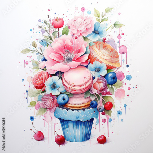 Sweet and colorful set of hand painted watercolor macaroons isolated on white background.Almond blossom . Watercolor illustration .Generative AI technology