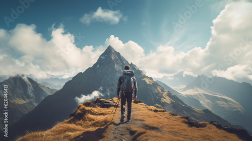 Freedom and Adventure: Landscape shot of someone hiking up a mountain. Adventure up the hills in a overwhelming surrounding. Generative AI