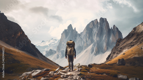 Freedom and Adventure  Landscape shot of someone hiking up a mountain. Adventure up the hills in a overwhelming surrounding. Generative AI